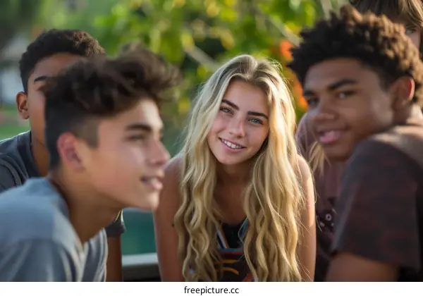 Portrait of a smiling blonde girl with friends in the background