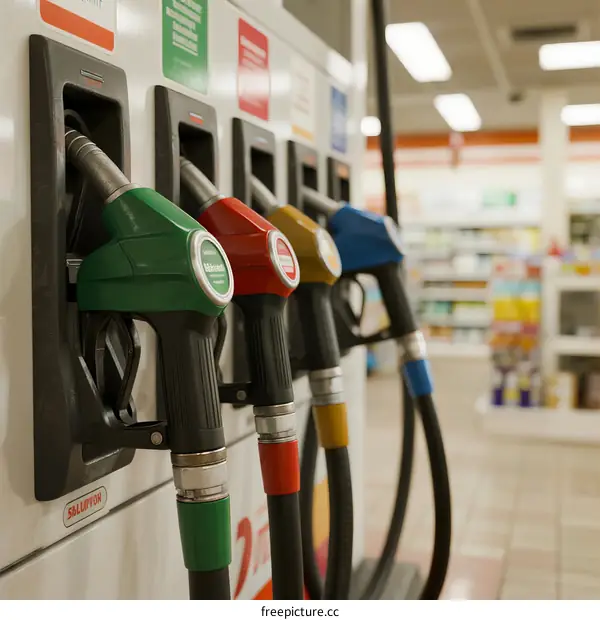 Colorful gasoline nozzles at a gas station with store in the background