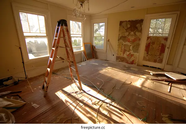 Renovation Room with Ladder, Sunlight, and Wood Floor