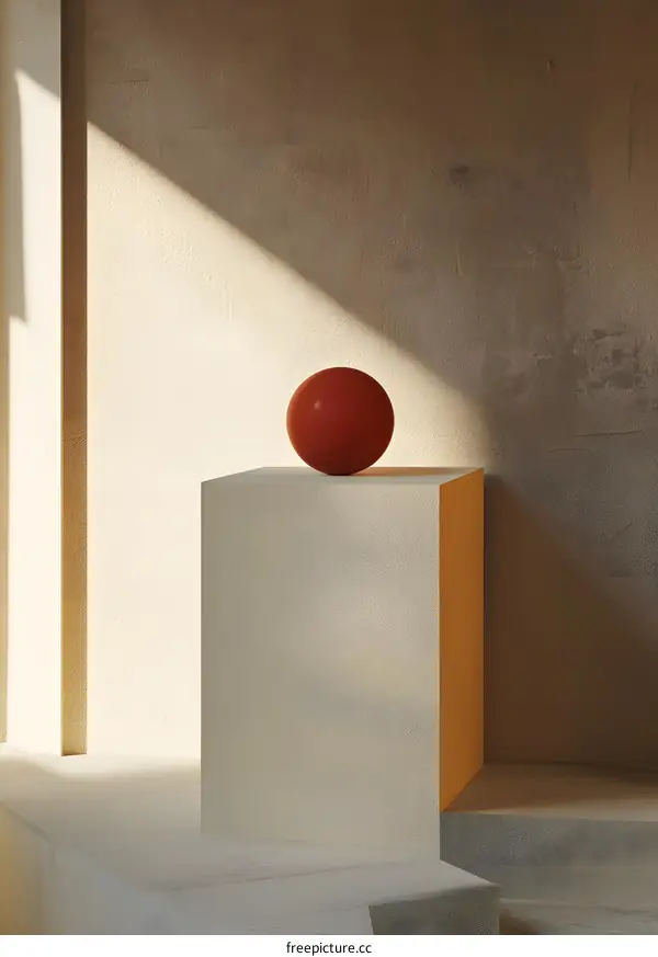 Red Ball on White Cube Minimalist Photography Background