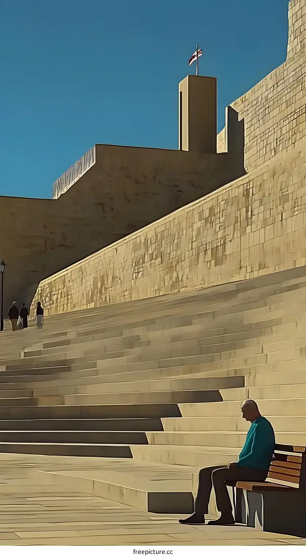 Man Sitting on Bench In Front of Stone Building