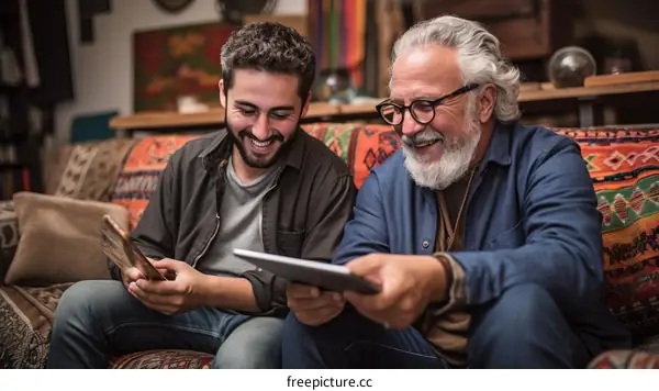 Two men looking at a tablet and laughing