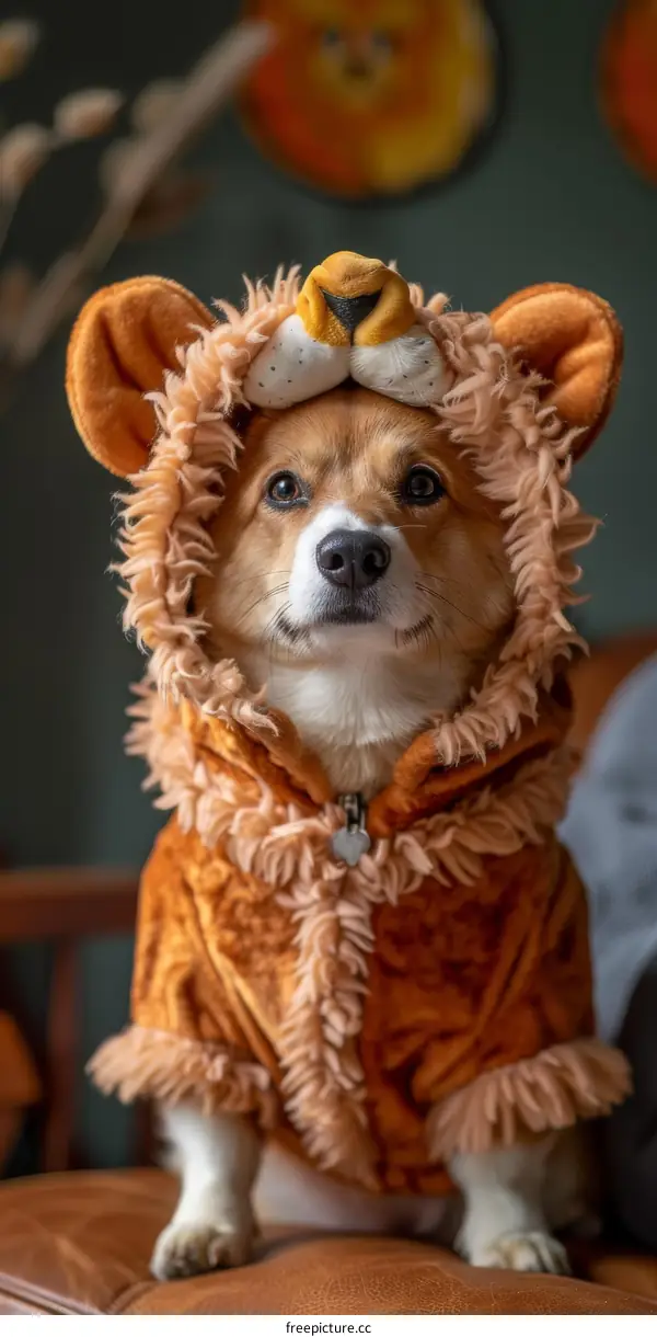 A cute corgi dog wearing a lion costume