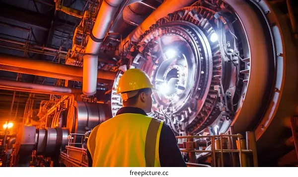 Engineer wearing hard hat and safety vest inspecting industrial machinery