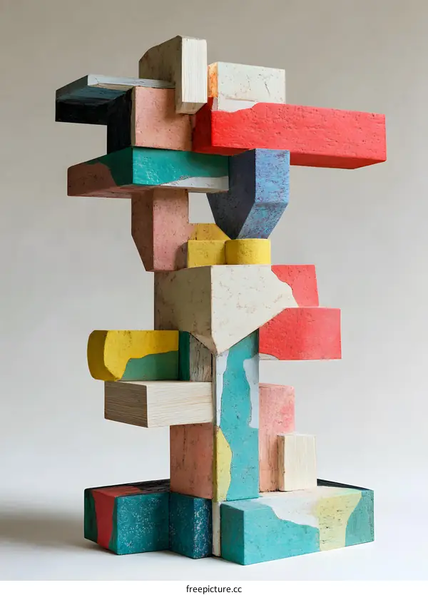 Abstract Wooden Sculpture, Geometric Shapes, Multicolored