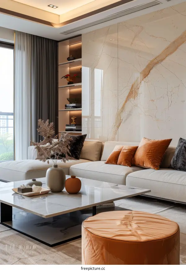 Modern Living Room Interior Design with Marble Wall and Beige Sofa