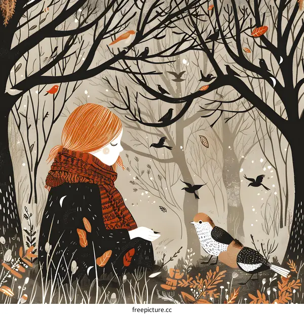 Girl Feeding Bird in Forest Illustration