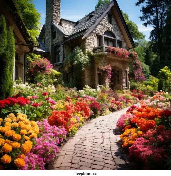 Stone cottage with colorful flowers in the front yard
