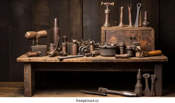 Blacksmith tools arranged on a wooden table with a dark wood background