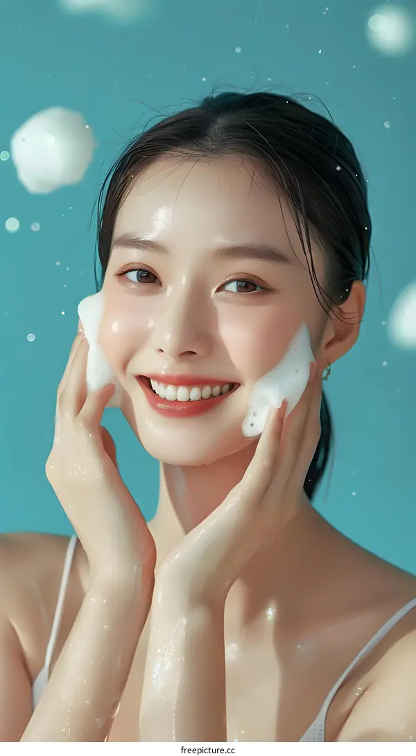 Beautiful Asian Woman with Foamy Cleanser on her Face