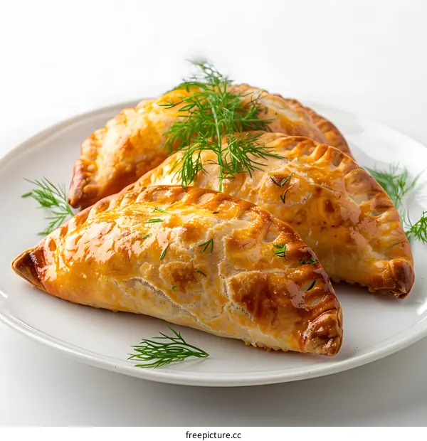 Three golden brown empanadas on white plate