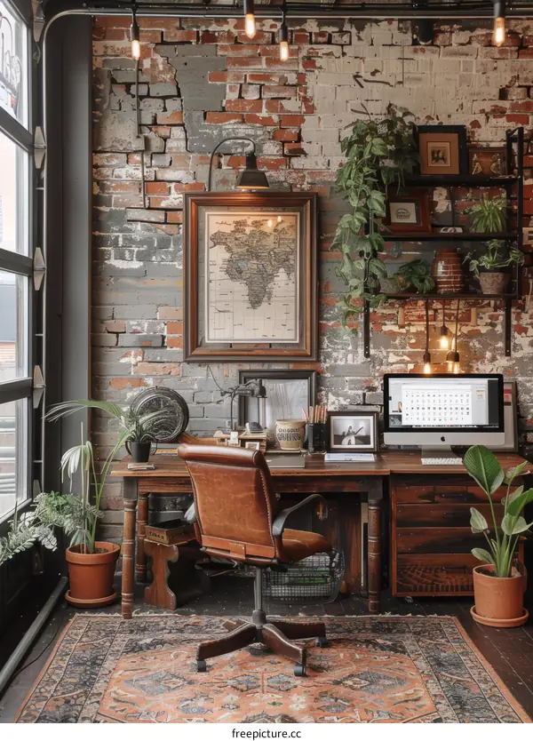 workspace with a vintage world map and a leather chair