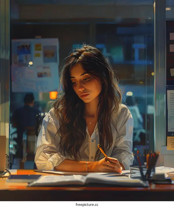 A thoughtful young woman sits at her desk pondering the mysteries of life