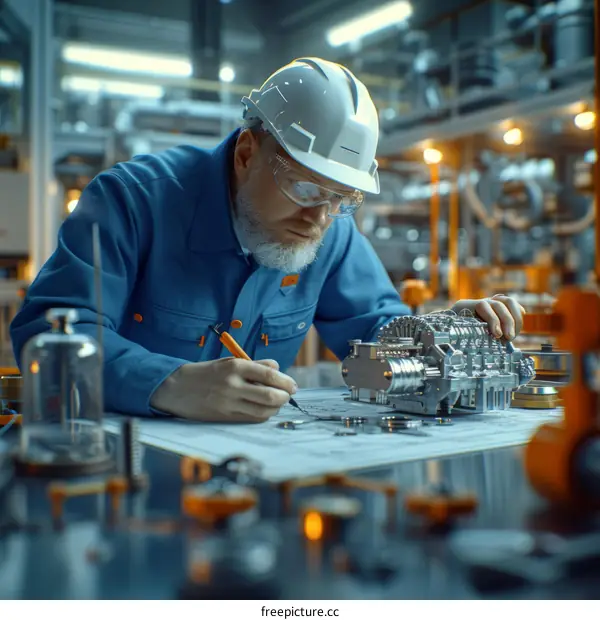 An engineer wearing a hard hat and safety glasses is working on a project.