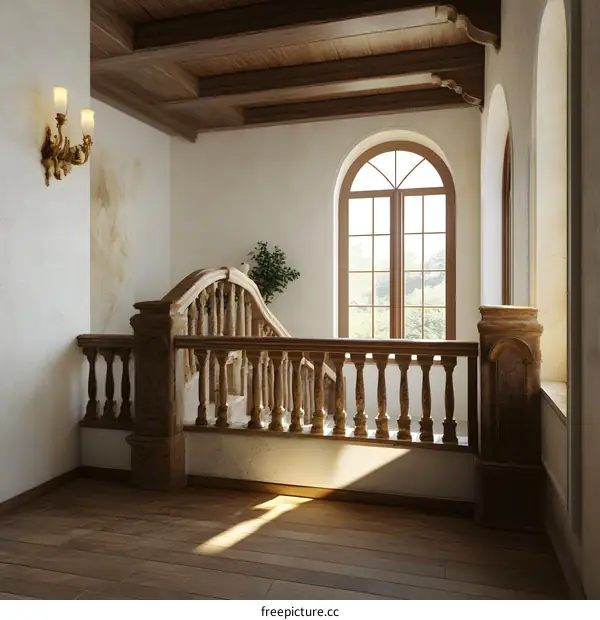 Elegant Wooden Staircase with Arch Window in Vintage Home Interior