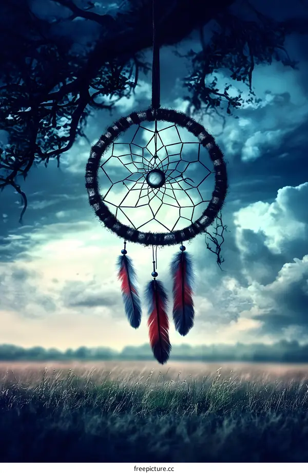 Dreamcatcher Hanging From A Tree Branch Against A Cloudy Sky
