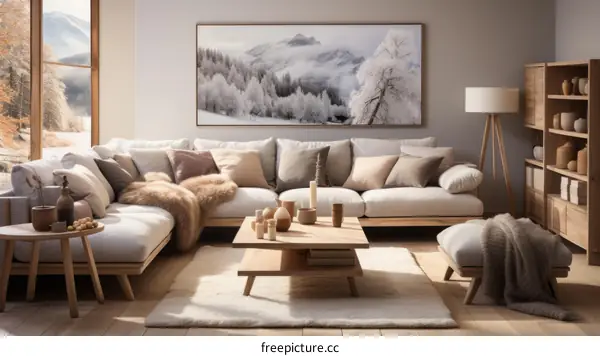 Modern living room interior with large sectional sofa, coffee table, rug, and floor lamp