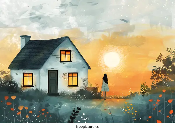 girl standing alone in a field watching the sunset