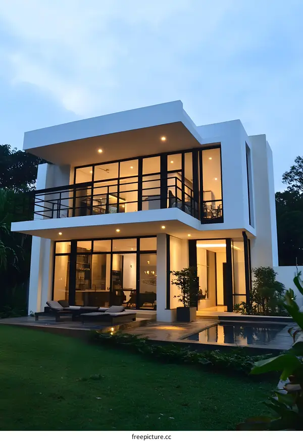Modern White Two Storey House with Swimming Pool