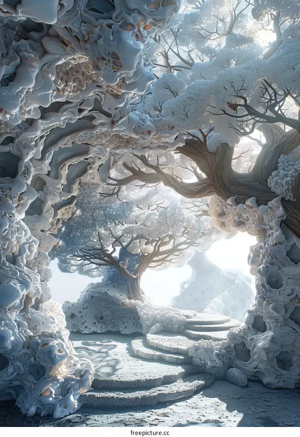 Snowy forest path leads into the distance