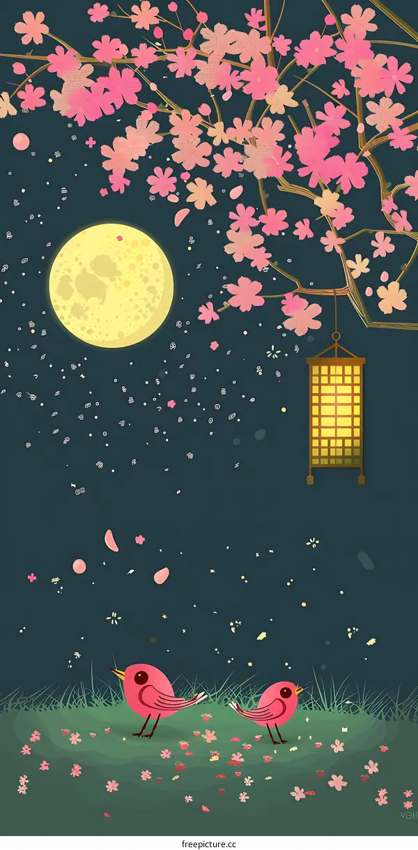 Two Birds Under Cherry Blossom Tree with Full Moon and Lantern