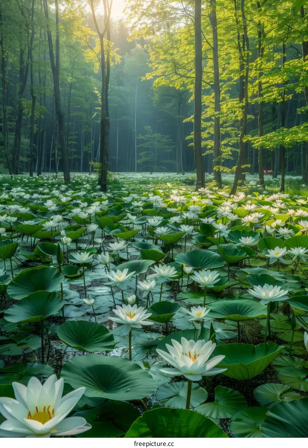 Sunlight Over a Pond Filled With Water Lilies in the Forest