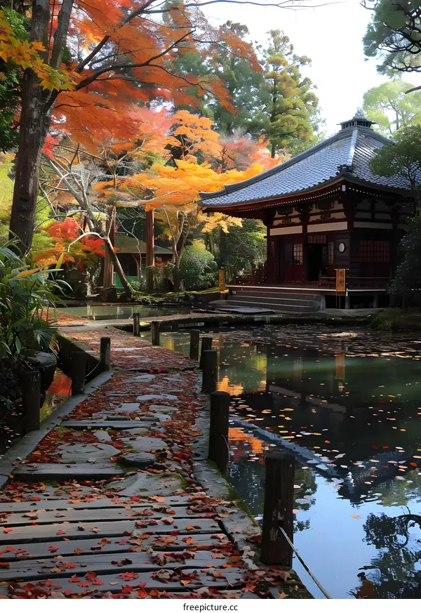 Japanese Garden Pathway with Autumn Leaves and Pagoda