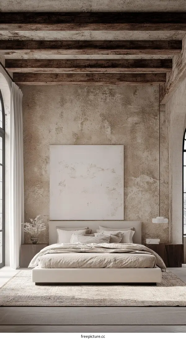 Beige Bedroom Interior Design with Rustic Beams