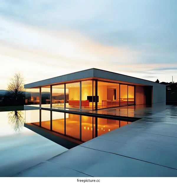 Modern House with Infinity Pool and Sunset Sky