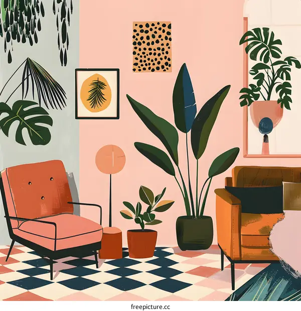 Living Room Interior with Plants and Checkered Floor