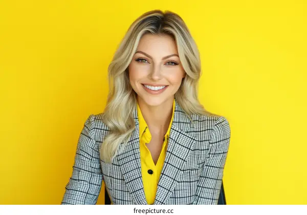 Smiling Woman in Plaid Jacket Against Yellow Background