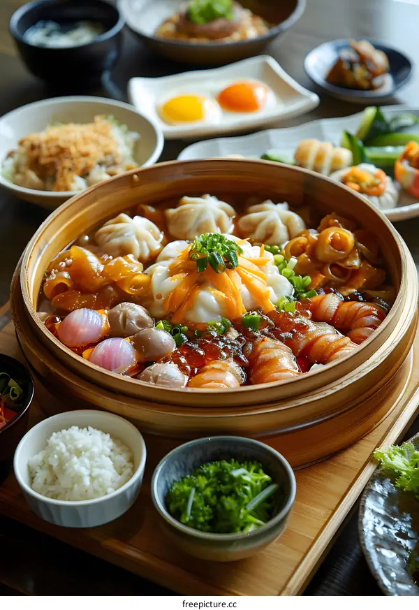 Steamed Seafood and Dumpling Dish with Side Dishes