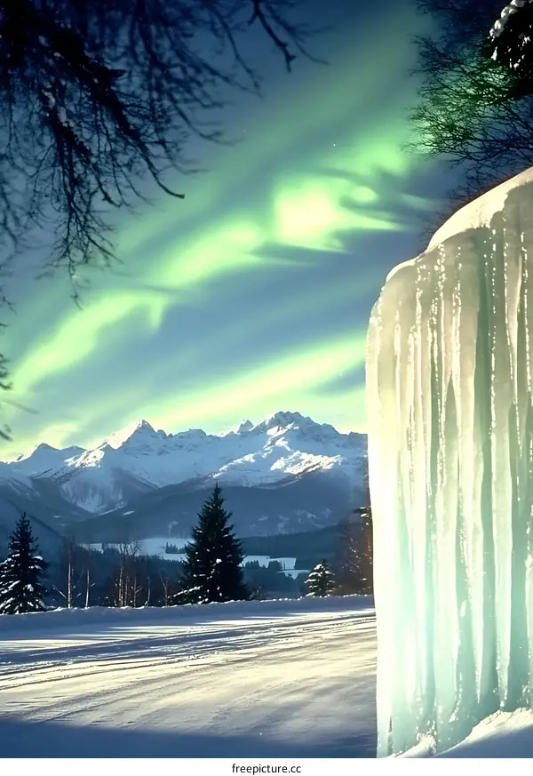 Aurora Borealis Over Snowy Mountains With Icicles