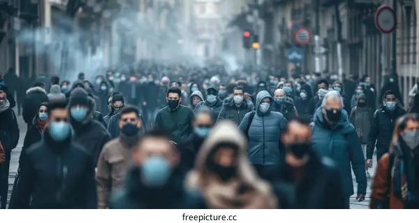 Crowded city street with people wearing surgical masks