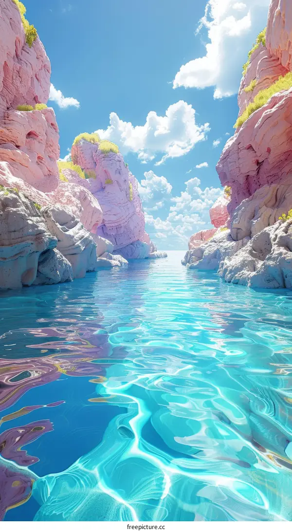 fantasy landscape with pink rocks and blue water
