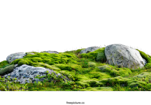 [Transparent Background PNG]Green Moss Covered Rocks with White Background