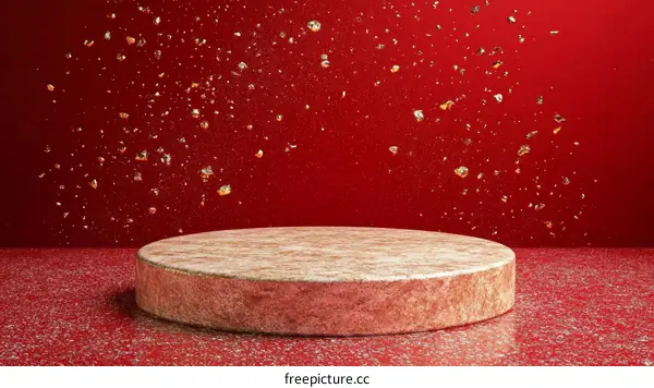Gold Particles Falling on a Rose Gold Product Display Stand