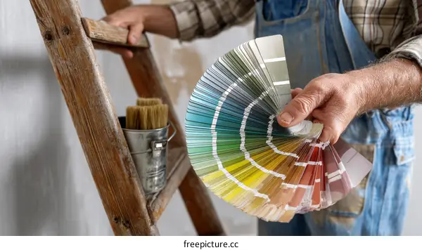 Painter Choosing Paint Colors on Wooden Ladder