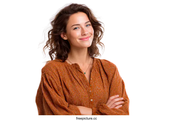 [Transparent Background PNG]Smiling Woman in a Stylish Orange Top