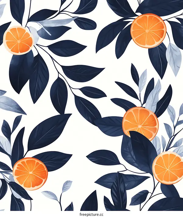 Blue Leaves With Orange Slices Pattern