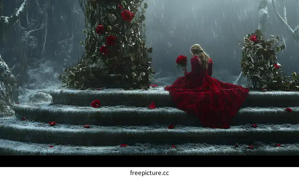 Woman in Red Dress Sitting on Steps Surrounded by Roses in Snowy Forest