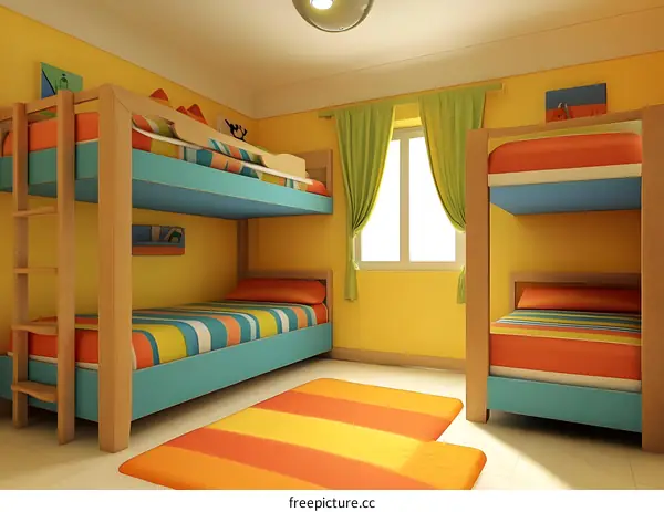 Colorful Bunk Beds in a Kids Bedroom with Yellow Walls and Green Curtains