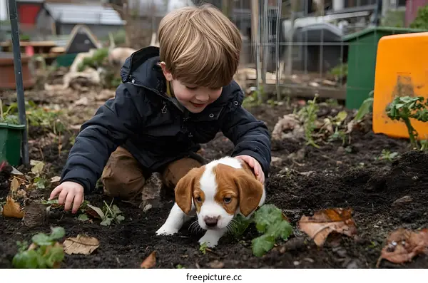 Boy Playing With Puppy In Garden