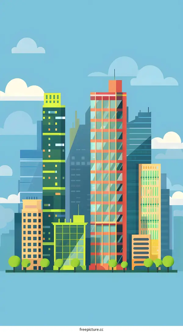 Flat Design Illustration Of A City Skyline With Buildings And Trees