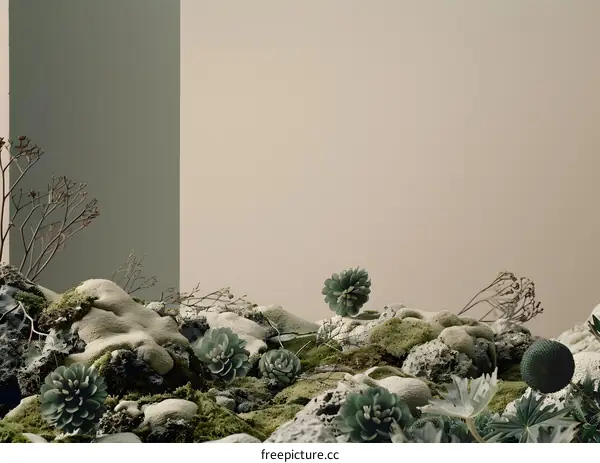 Minimalist Green Succulents on Rocks and Moss