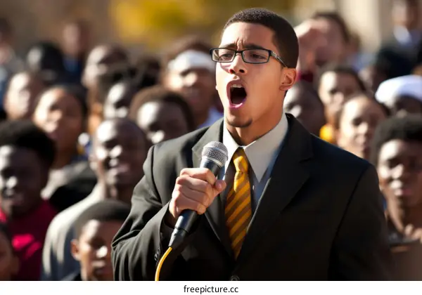 Young male college student giving a speech during a protest
