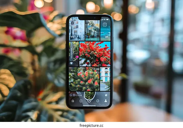 Smartphone Display Showing Photos of Flowers and Architecture