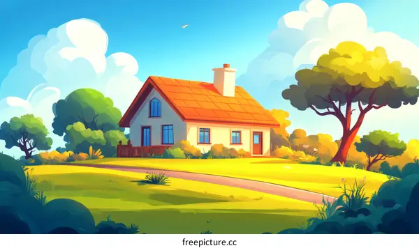 A Colorful Cartoon Illustration of a Countryside Home