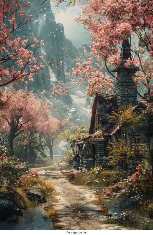 A Stone Cottage Nestled in a Picturesque Valley of Cherry Blossoms
