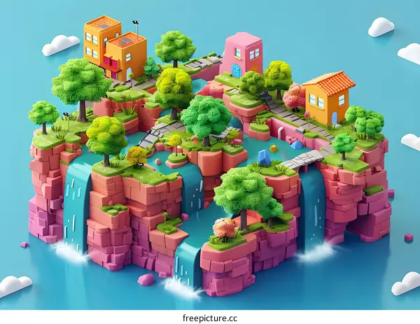 isometric island with pink trees and blue water